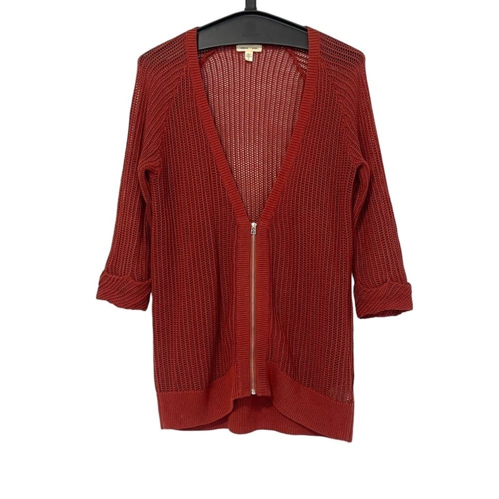 Anthropologie Silence + Noise Red Open Knit Zip Up Sweater Size Small Boho